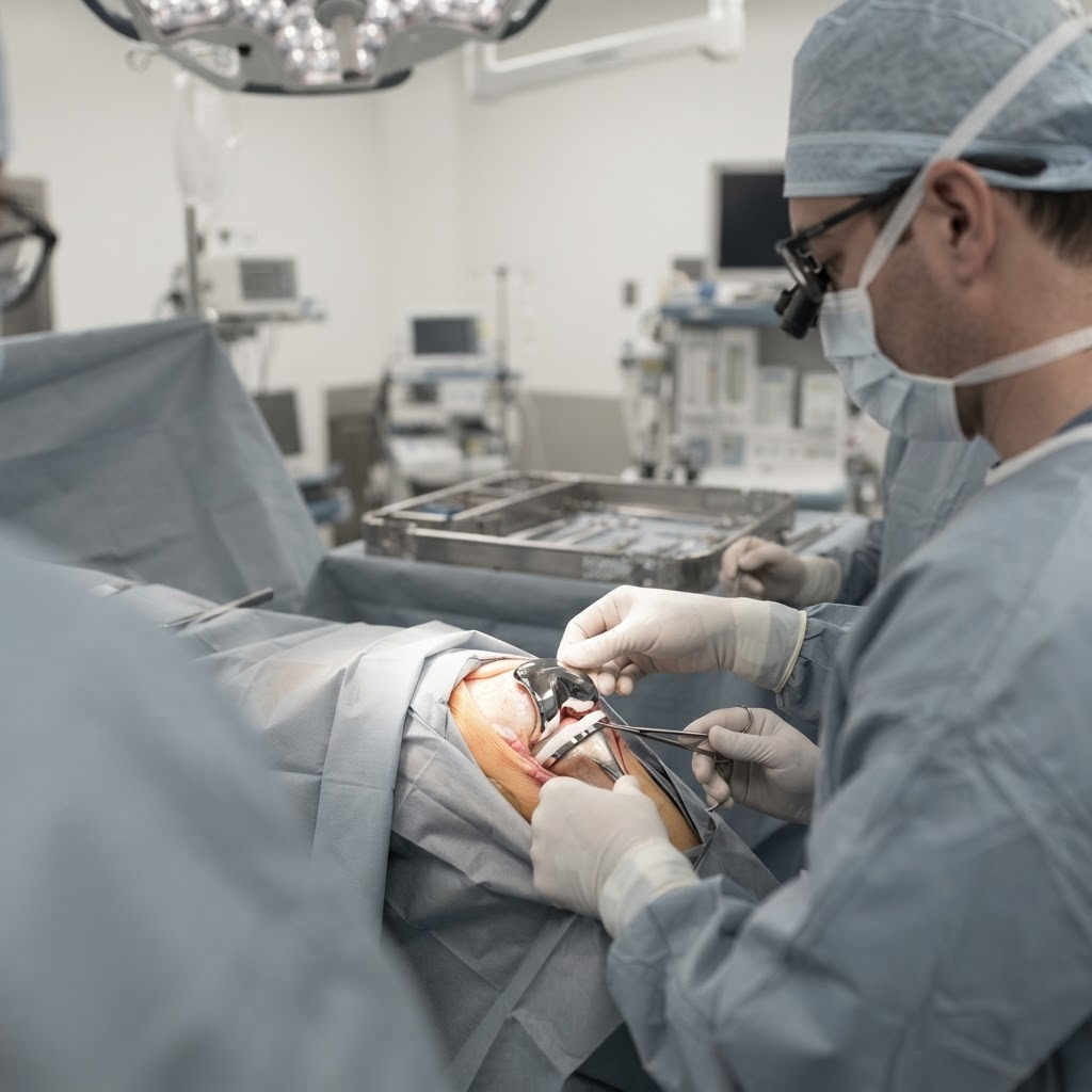 Equipo quirúrgico con batas estériles y loupes operando un implante de rodilla junto a la mesa de instrumental