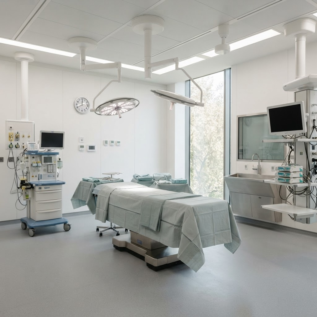 Quirófano moderno vacío, con lámpara quirúrgica y torres de equipo médico