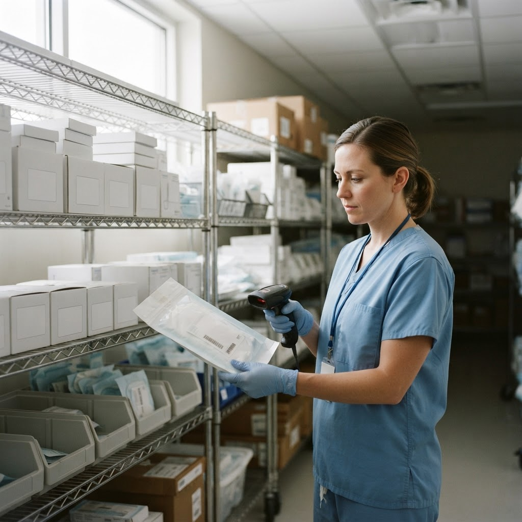 Técnico de logística hospitalaria escaneando un paquete estéril en el almacén de inventario intrahospitalario